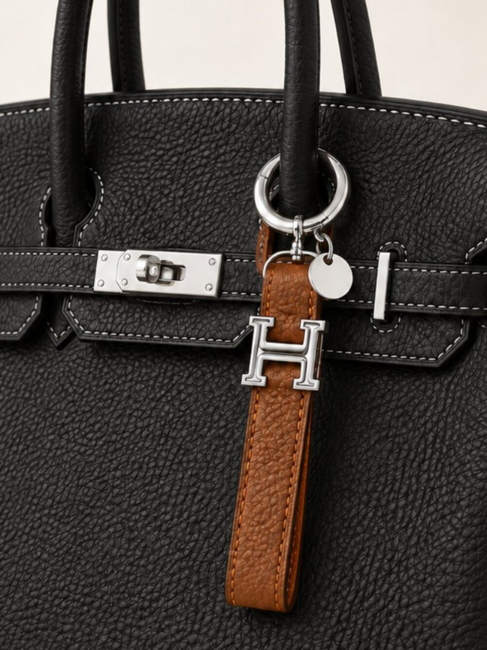 Brown Leather H Initial Keychain Bag Charm 0838